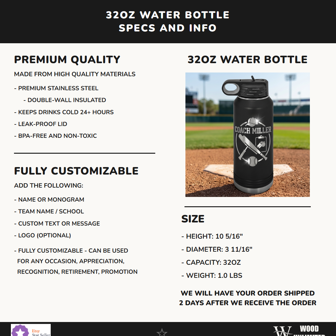 Personalized Baseball Coach Gift Water Bottle - End of Season - Laser Engraved - Custom Name