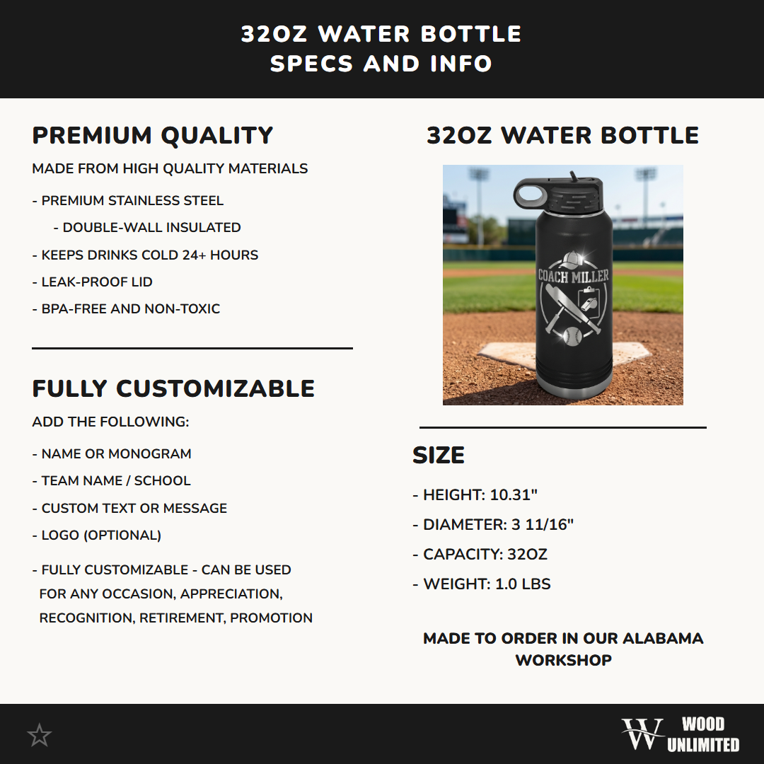 Personalized Baseball Coach Gift Water Bottle - End of Season - Laser Engraved - Custom Name