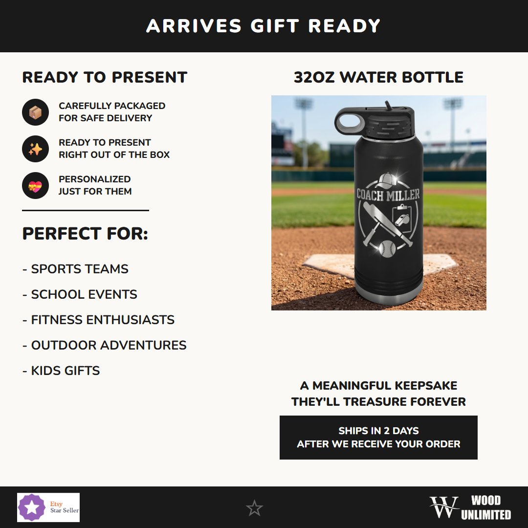 Personalized Baseball Coach Gift Water Bottle - End of Season - Laser Engraved - Custom Name