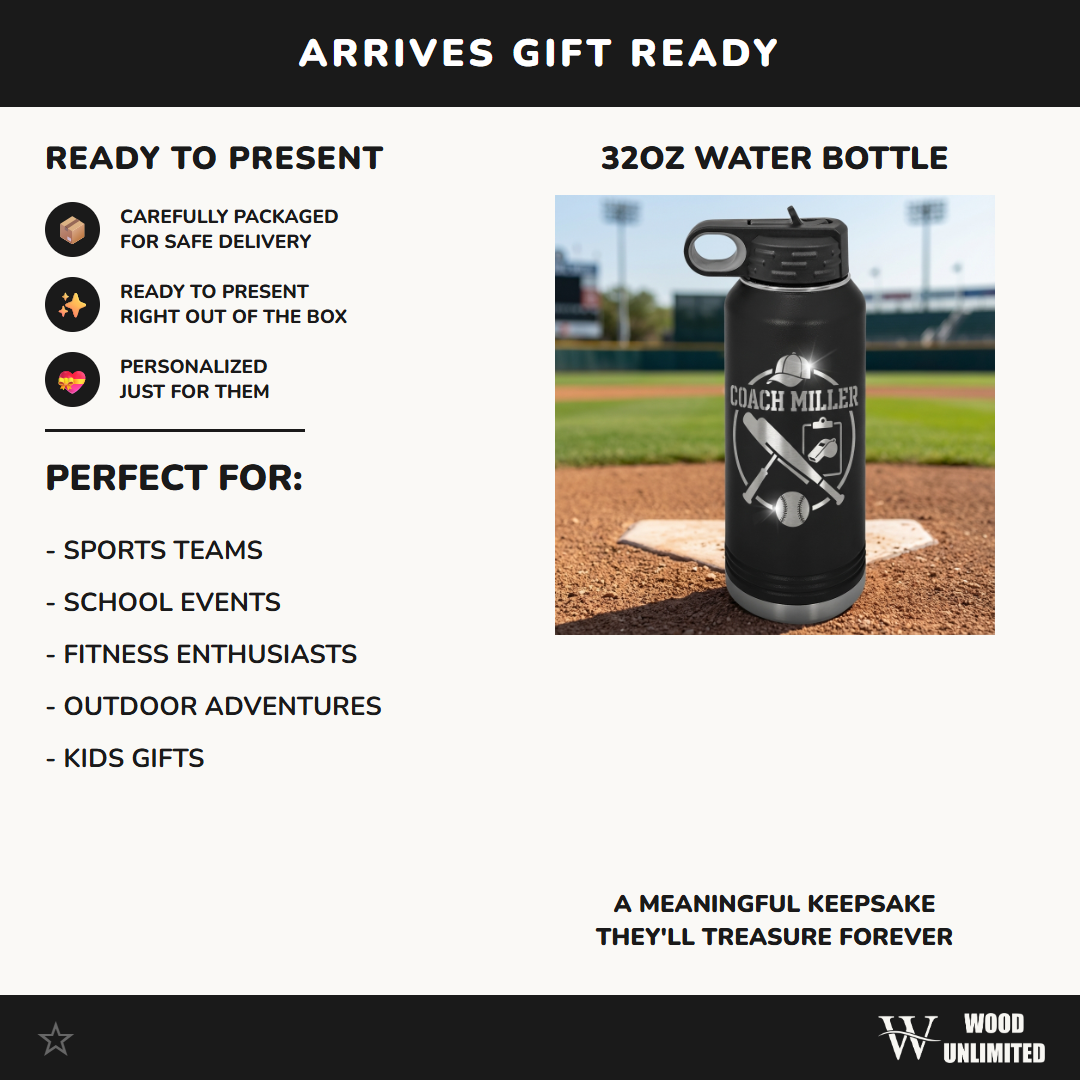 Personalized Baseball Coach Gift Water Bottle - End of Season - Laser Engraved - Custom Name