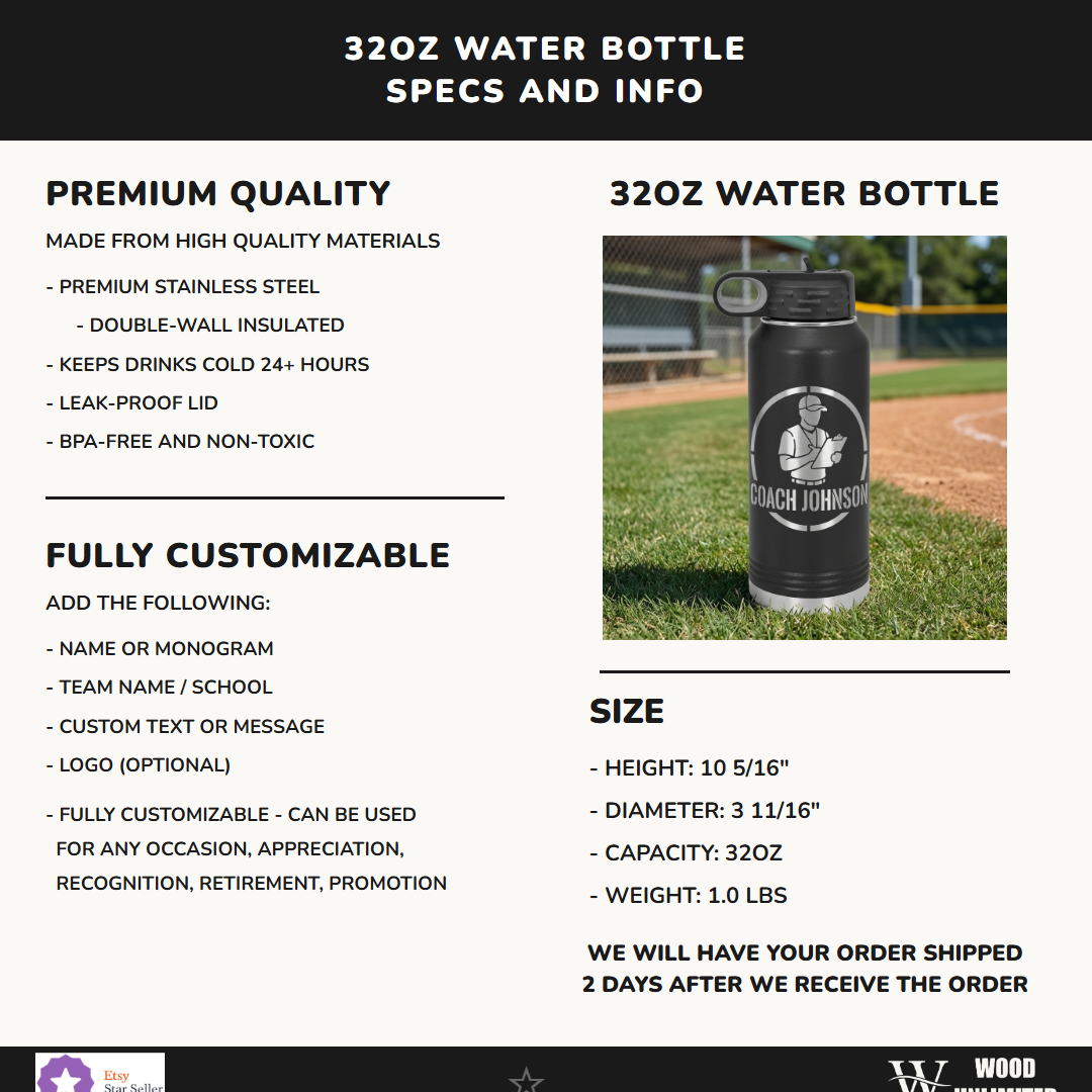 Personalized Baseball Coach Gift Water Bottle - Custom Engraved Team Thank You Present - Durable 32oz Hydration Bottle