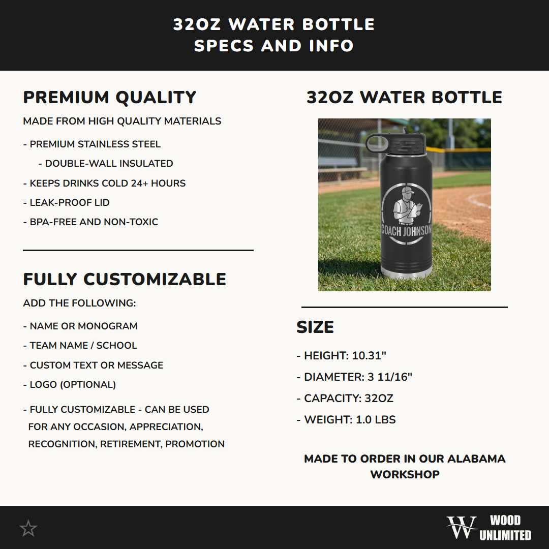 Personalized Baseball Coach Gift Water Bottle - Custom Engraved Team Thank You Present - Durable 32oz Hydration Bottle