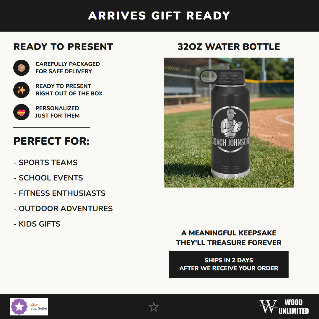 Personalized Baseball Coach Gift Water Bottle - Custom Engraved Team Thank You Present - Durable 32oz Hydration Bottle