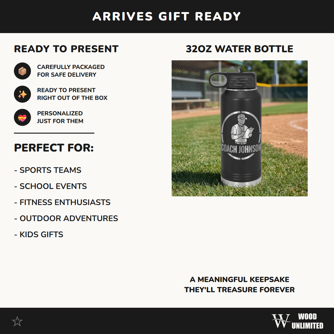 Personalized Baseball Coach Gift Water Bottle - Custom Engraved Team Thank You Present - Durable 32oz Hydration Bottle