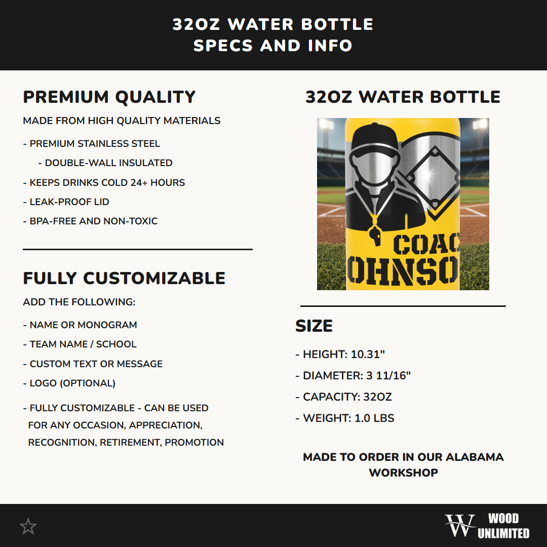 Personalized Baseball Coach Water Bottle Gift - Laser Engraved Hydration for Coaches - Custom Name Team Thank You Present