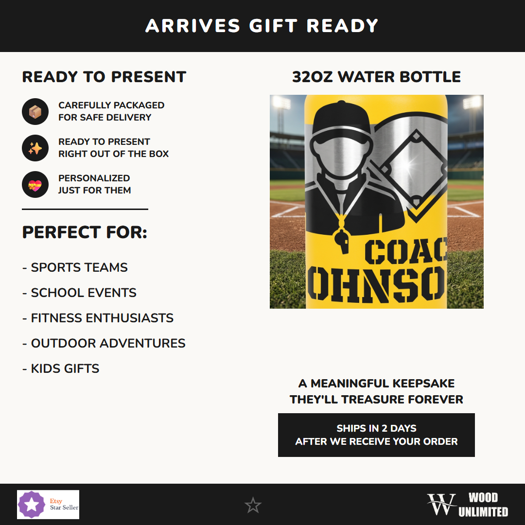 Personalized Baseball Coach Water Bottle Gift - Laser Engraved Hydration for Coaches - Custom Name Team Thank You Present