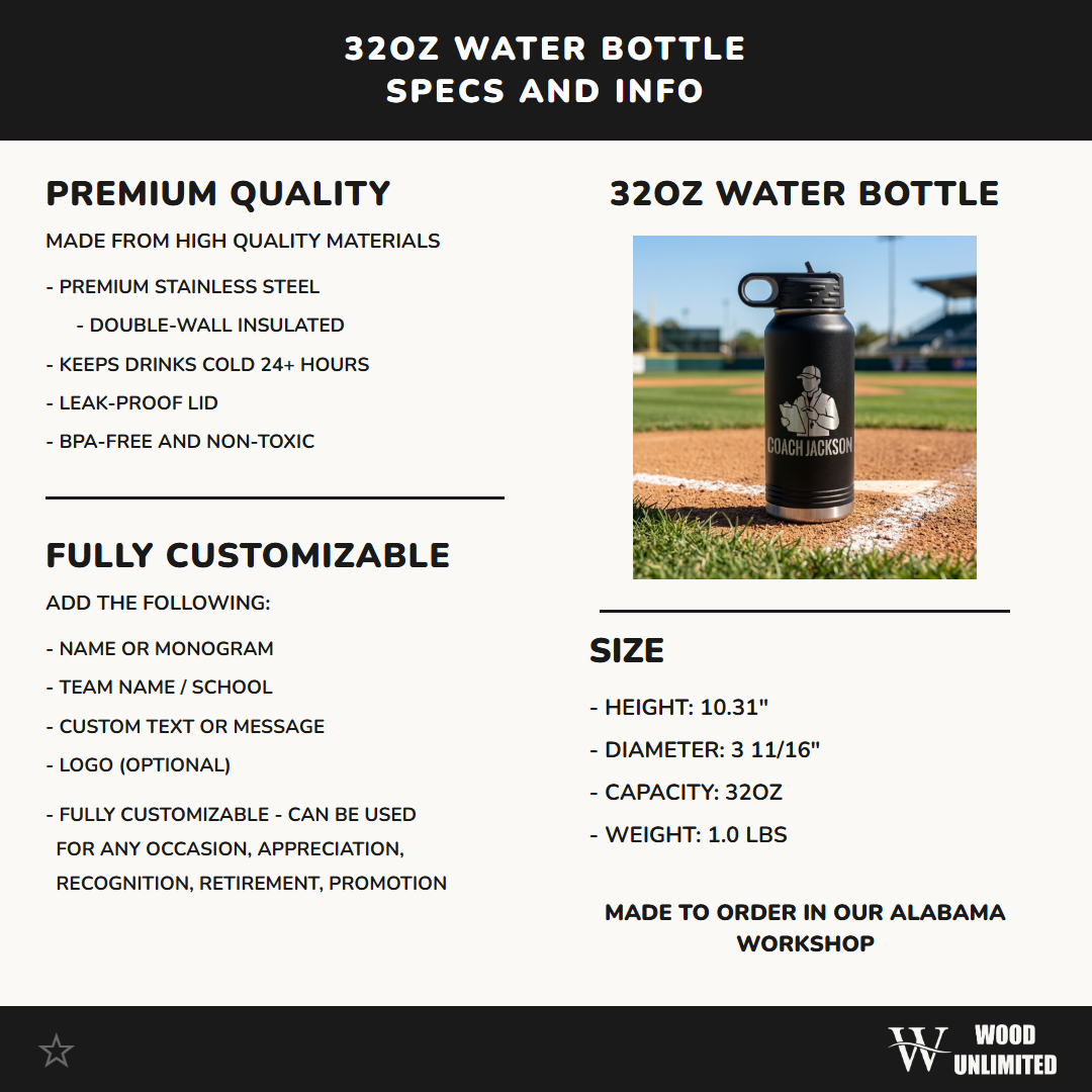 Personalized Baseball Coach Water Bottle Gift, End of Season Coach Appreciation, Custom Laser Engraved, Team Gift for Coach