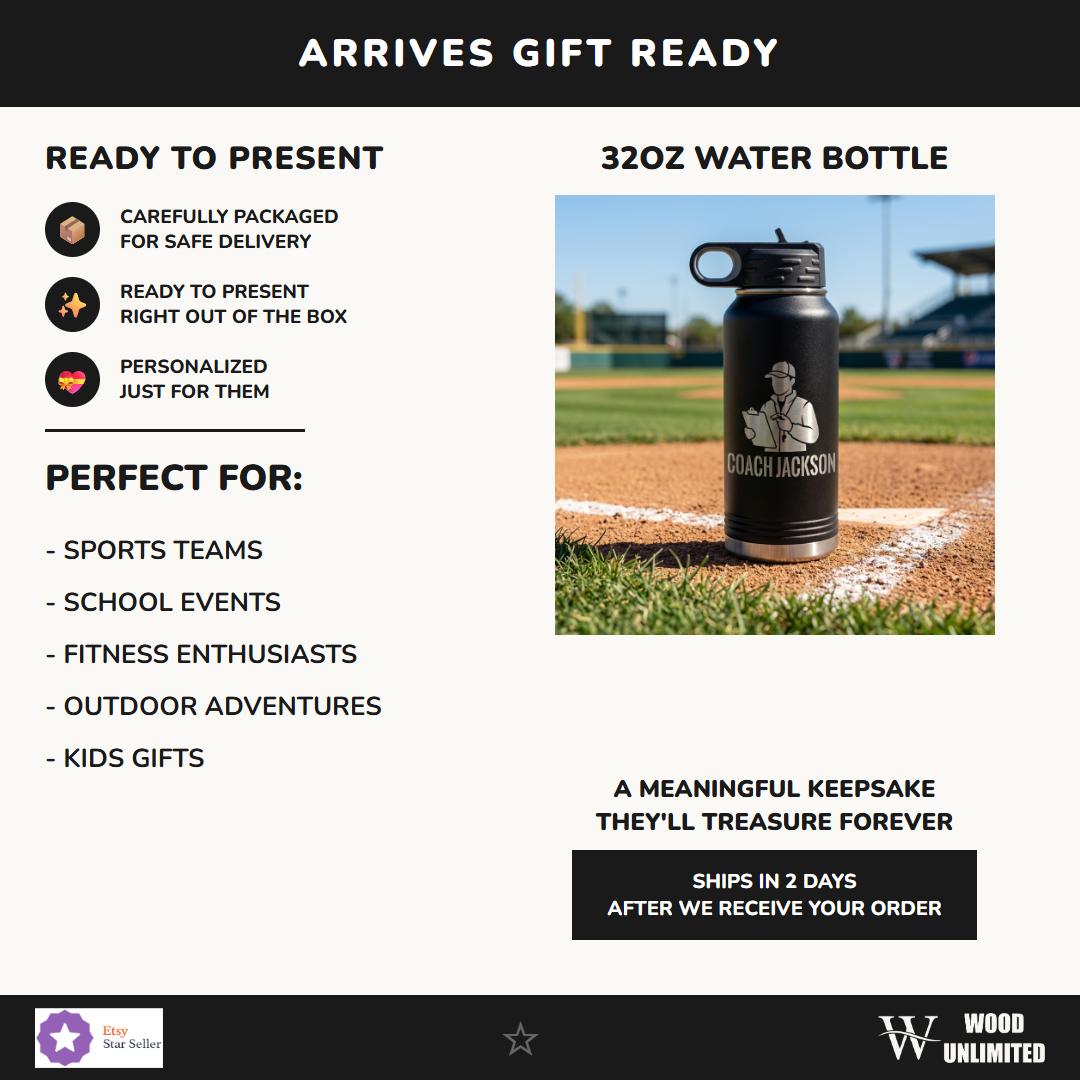 Personalized Baseball Coach Water Bottle Gift, End of Season Coach Appreciation, Custom Laser Engraved, Team Gift for Coach