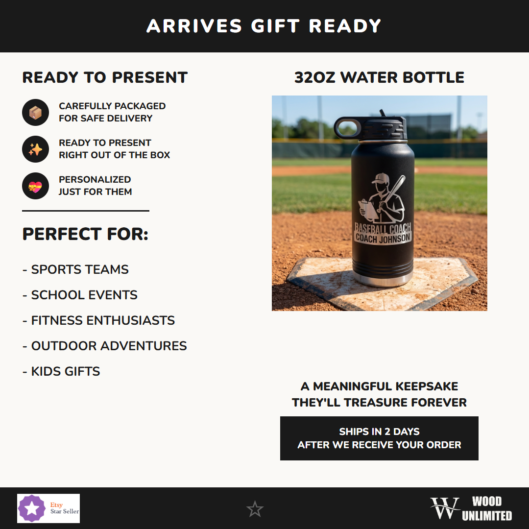 Personalized Baseball Coach Gift Water Bottle - End of Season Team Thank You - Laser Engraved Custom Name 32oz Hydration