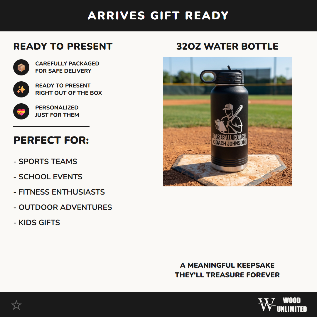 Personalized Baseball Coach Gift Water Bottle - End of Season Team Thank You - Laser Engraved Custom Name 32oz Hydration