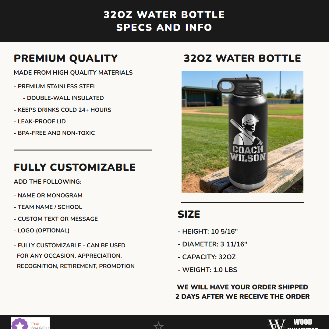 Personalized Baseball Coach Gift Water Bottle - End of Season Thank You - Laser Engraved - Custom Name