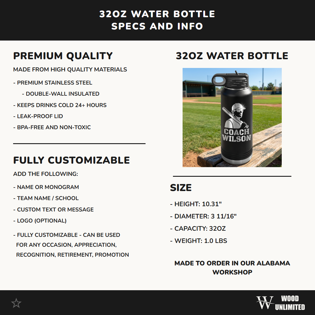 Personalized Baseball Coach Gift Water Bottle - End of Season Thank You - Laser Engraved - Custom Name