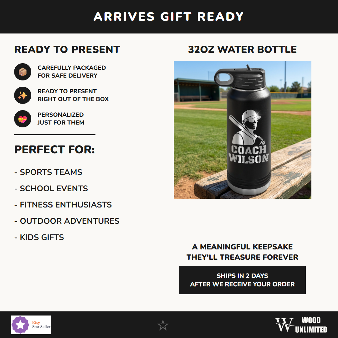 Personalized Baseball Coach Gift Water Bottle - End of Season Thank You - Laser Engraved - Custom Name