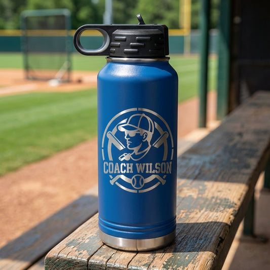 Blue water bottle with 'Coach Wilson' logo on a wooden bench at a baseball field.