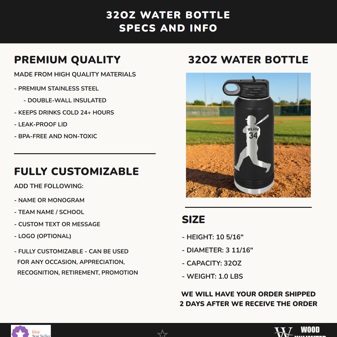 Personalized Baseball Player Water Bottle Gift - Custom Laser Engraved Name & Number - Durable 32oz Sport Hydration