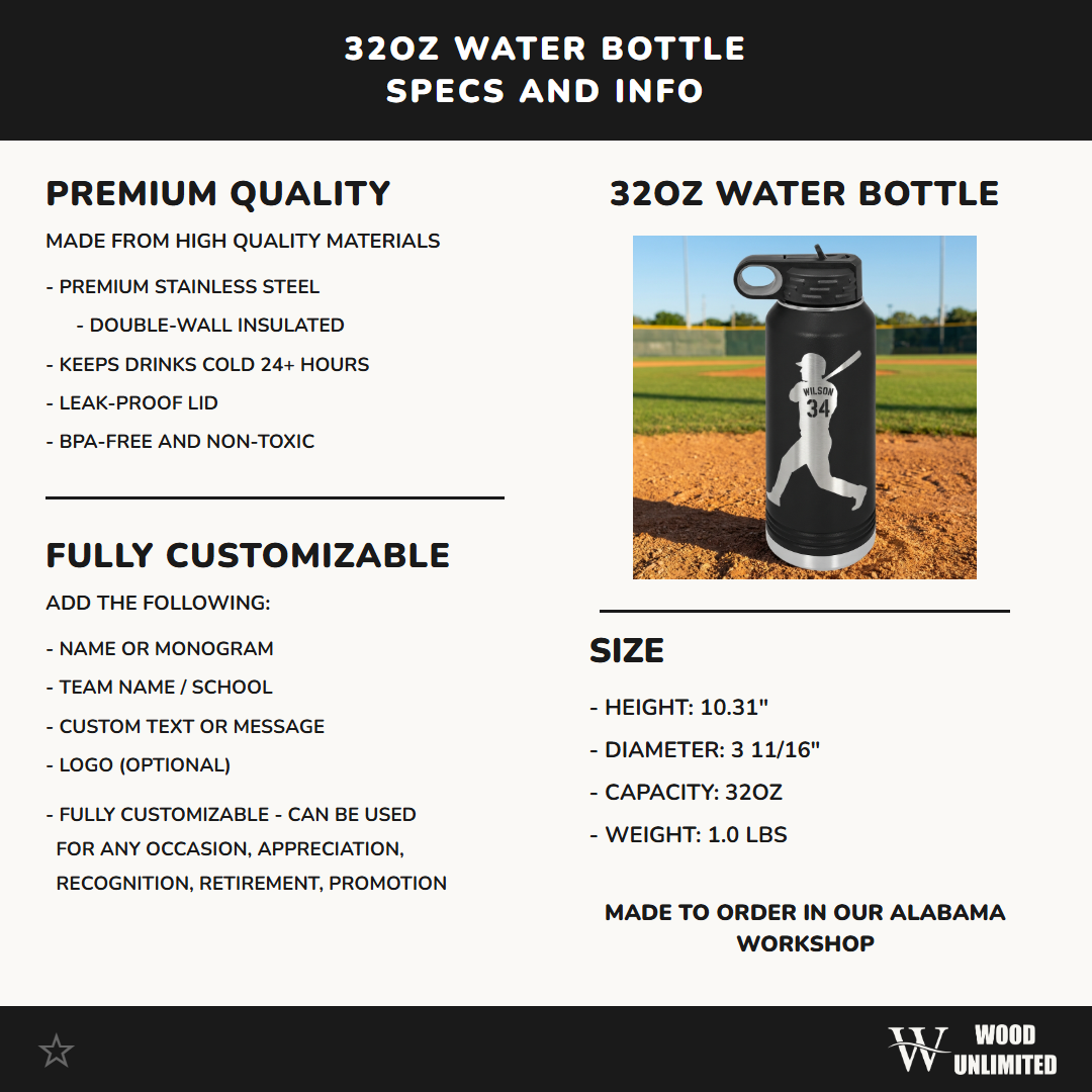 Personalized Baseball Player Water Bottle Gift - Custom Laser Engraved Name & Number - Durable 32oz Sport Hydration