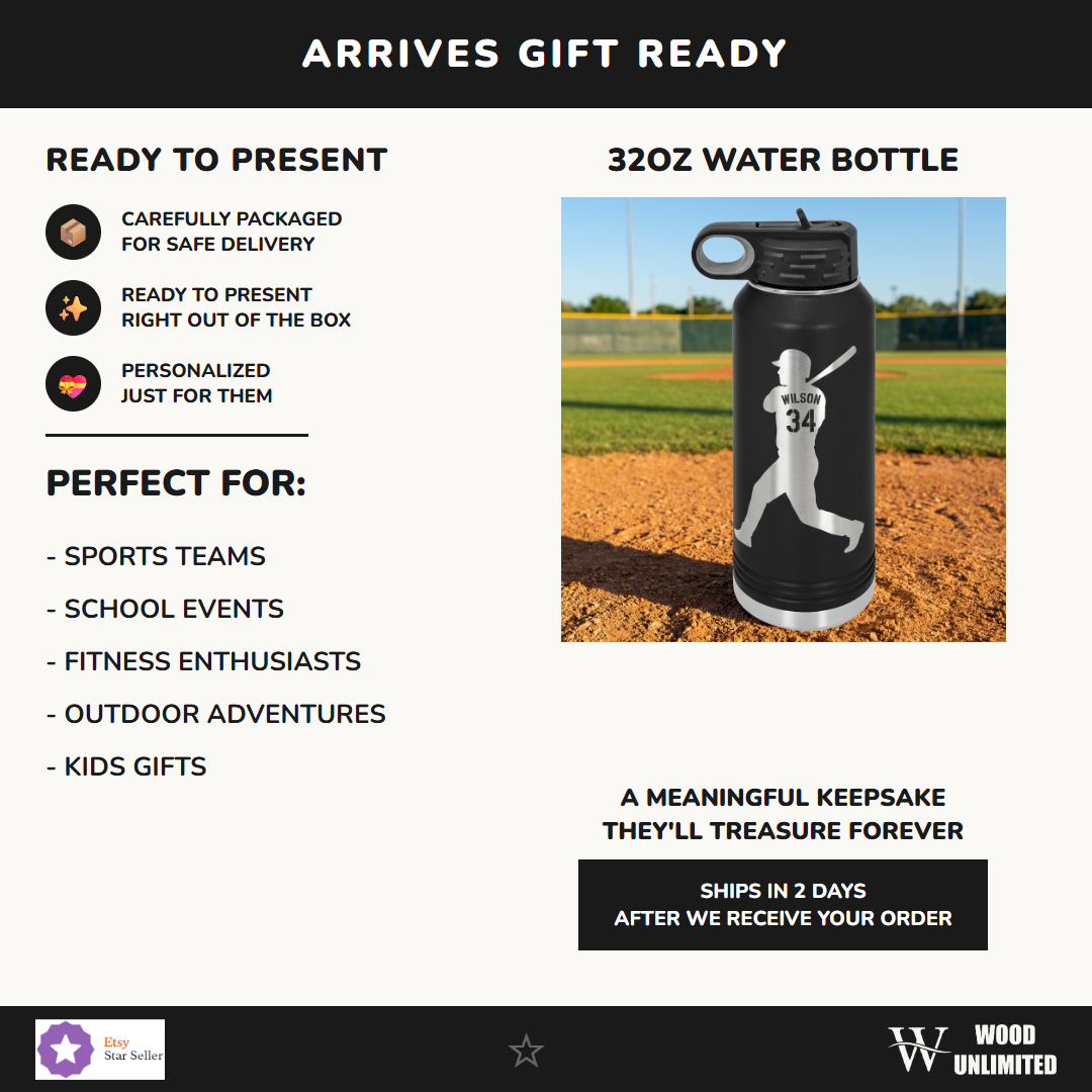 Personalized Baseball Player Water Bottle Gift - Custom Laser Engraved Name & Number - Durable 32oz Sport Hydration