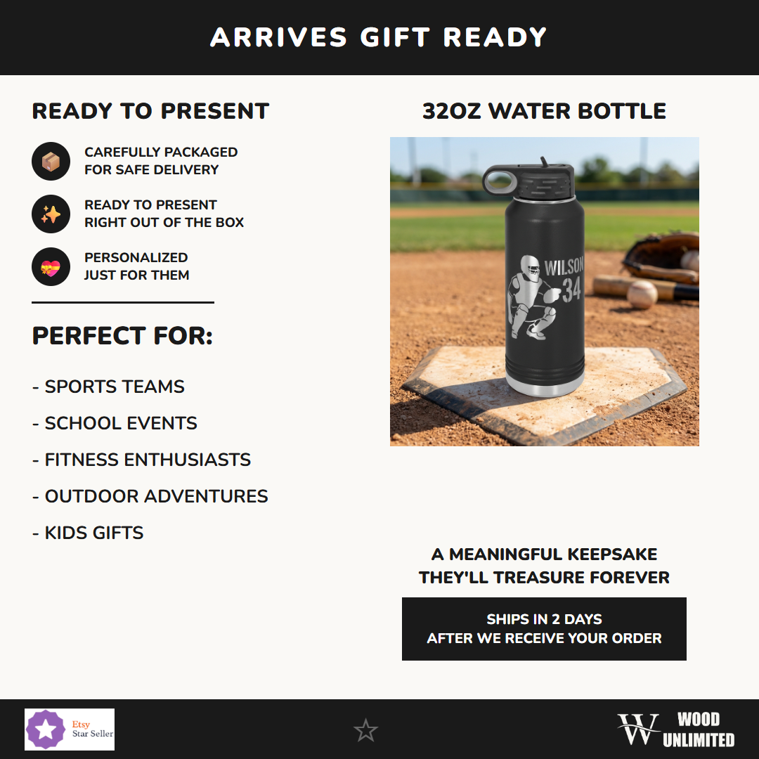 Personalized Baseball Catcher Gift Water Bottle - End of Season Team Present - Laser Engraved Custom Name Number - Durable 32oz