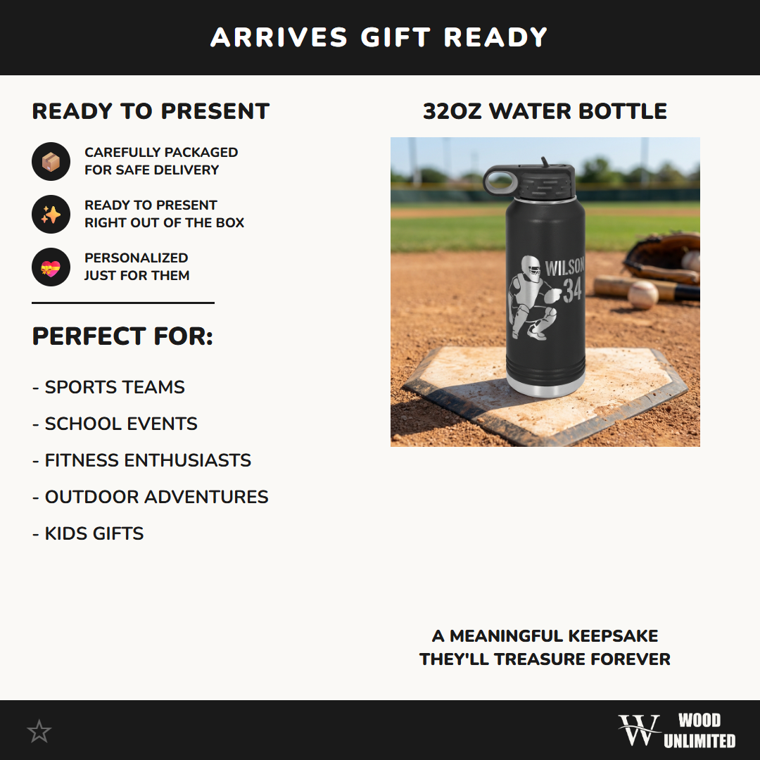 Personalized Baseball Catcher Gift Water Bottle - End of Season Team Present - Laser Engraved Custom Name Number - Durable 32oz