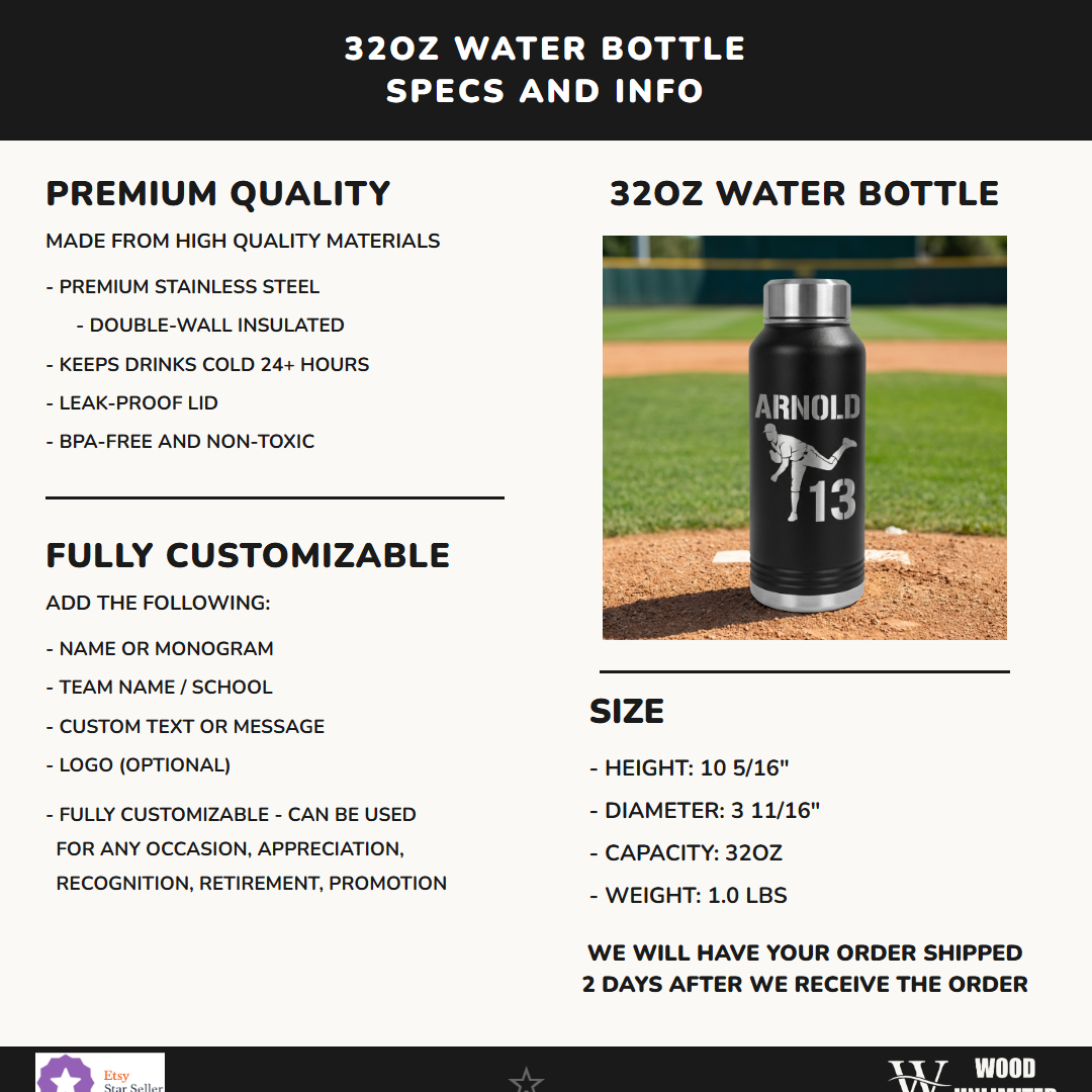 Personalized Baseball Pitcher Water Bottle - Custom Player Gift - Laser Engraved Hydration Bottle - Durable Sports Drinkware