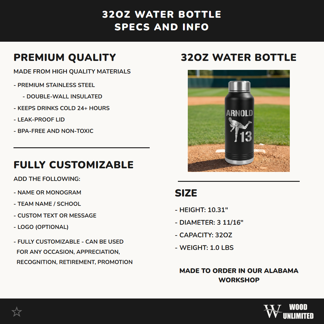 Personalized Baseball Pitcher Water Bottle - Custom Player Gift - Laser Engraved Hydration Bottle - Durable Sports Drinkware