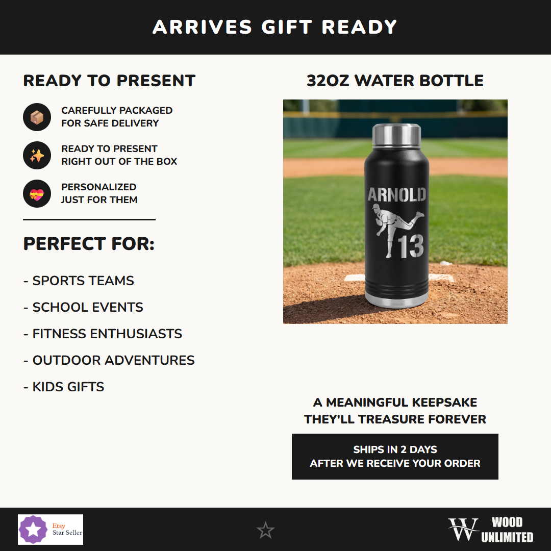 Personalized Baseball Pitcher Water Bottle - Custom Player Gift - Laser Engraved Hydration Bottle - Durable Sports Drinkware