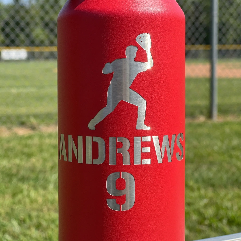 Personalized 32oz laser engraved water bottle with baseball player name and number
