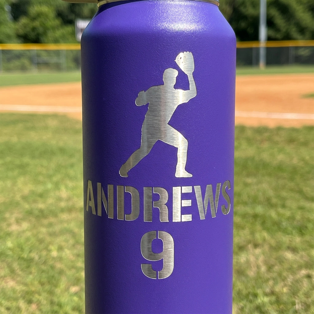Personalized Baseball Player Water Bottle Gift - Custom Team End of Season Gift - Laser Engraved 32oz Hydration Bottle - Name & Number
