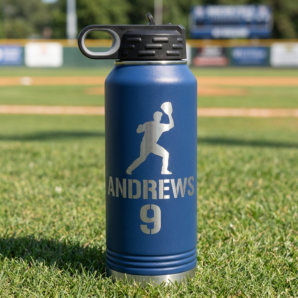 Personalized Baseball Player Water Bottle Gift - Custom Team End of Season Gift - Laser Engraved 32oz Hydration Bottle - Name & Number