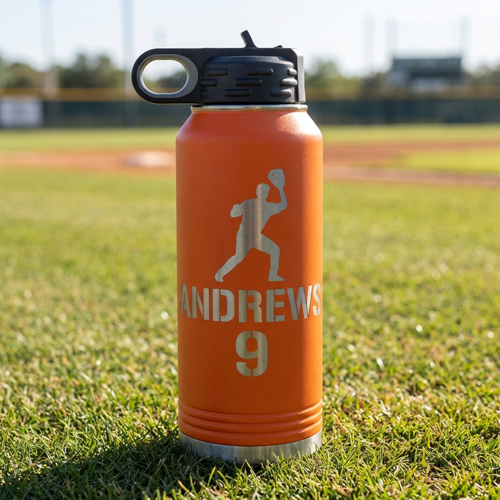 Personalized Baseball Player Water Bottle Gift - Custom Team End of Season Gift - Laser Engraved 32oz Hydration Bottle - Name & Number