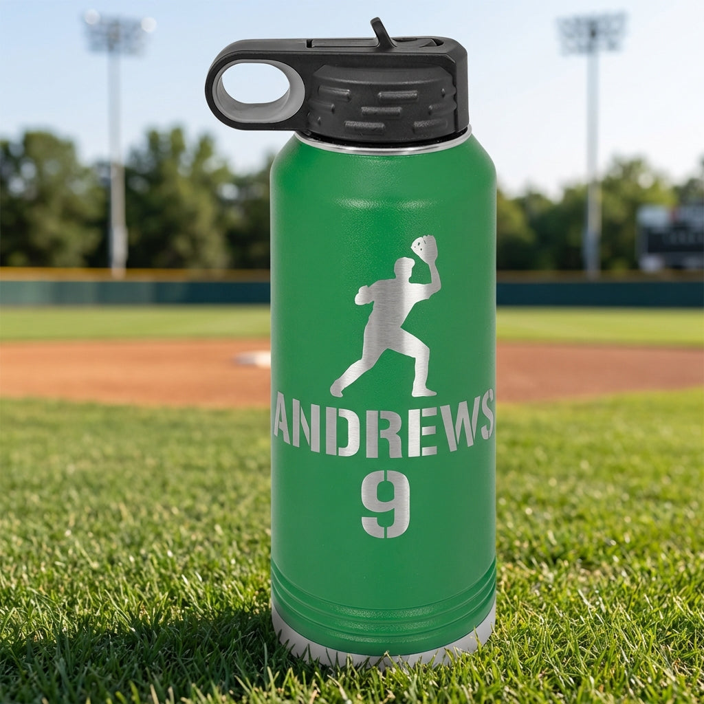 Personalized Baseball Player Water Bottle Gift - Custom Team End of Season Gift - Laser Engraved 32oz Hydration Bottle - Name & Number