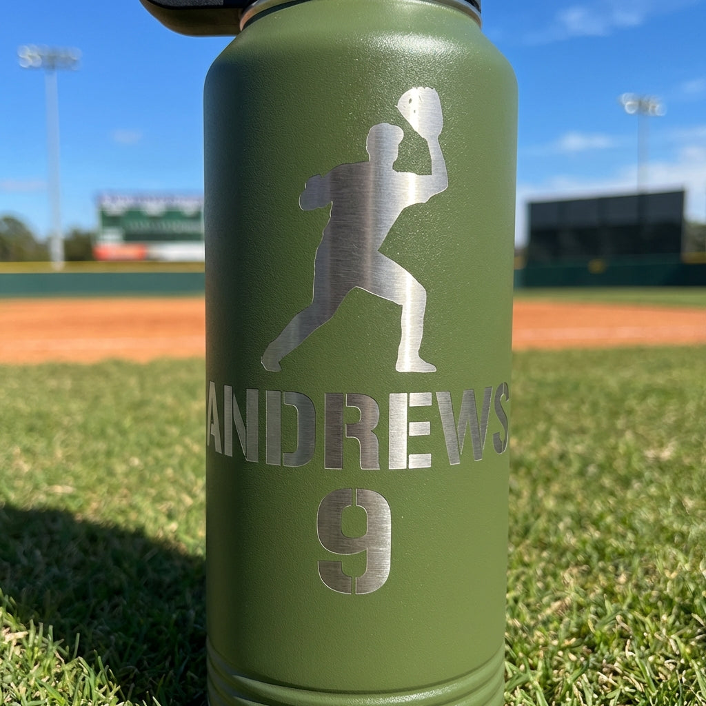 Personalized Baseball Player Water Bottle Gift - Custom Team End of Season Gift - Laser Engraved 32oz Hydration Bottle - Name & Number