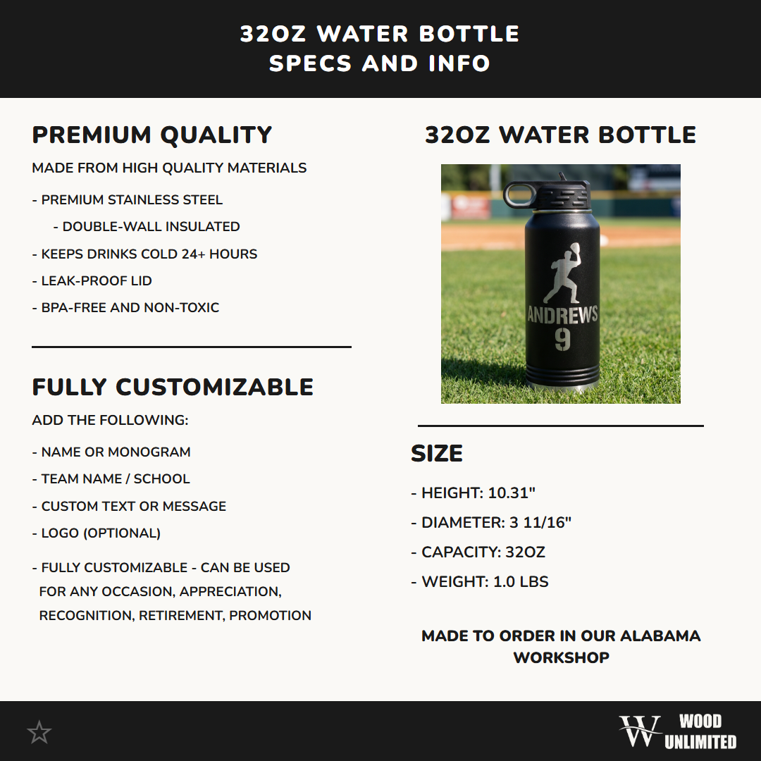Personalized Baseball Player Water Bottle Gift - Custom Team End of Season Gift - Laser Engraved 32oz Hydration Bottle - Name & Number