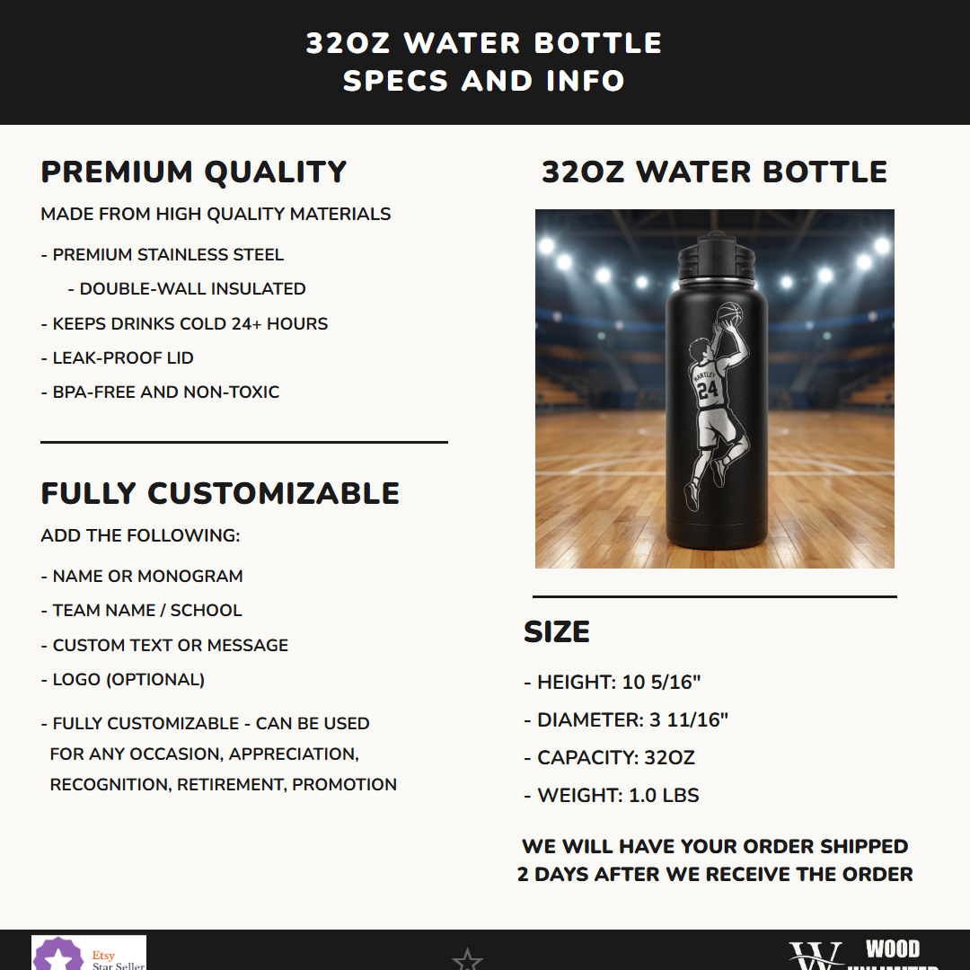 Personalized Basketball Player Gift Water Bottle - Custom Team Gift - Laser Engraved Durable Bottle - Custom Name & Number