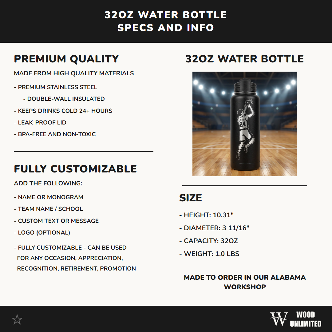 Personalized Basketball Player Gift Water Bottle - Custom Team Gift - Laser Engraved Durable Bottle - Custom Name & Number