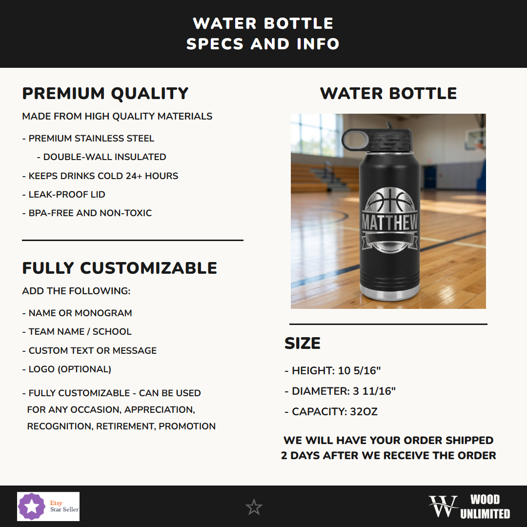 Black water bottle with a monogram on a basketball court, featuring product details.