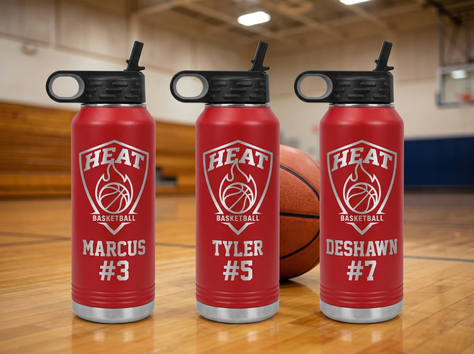 three red basketball team water bottles personalized heat basketball player names numbers
