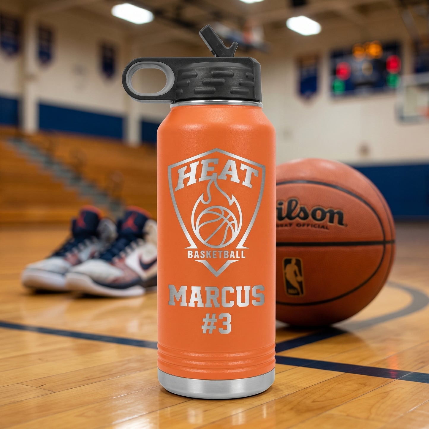 orange 32oz basketball team water bottle laser engraved heat basketball logo player name