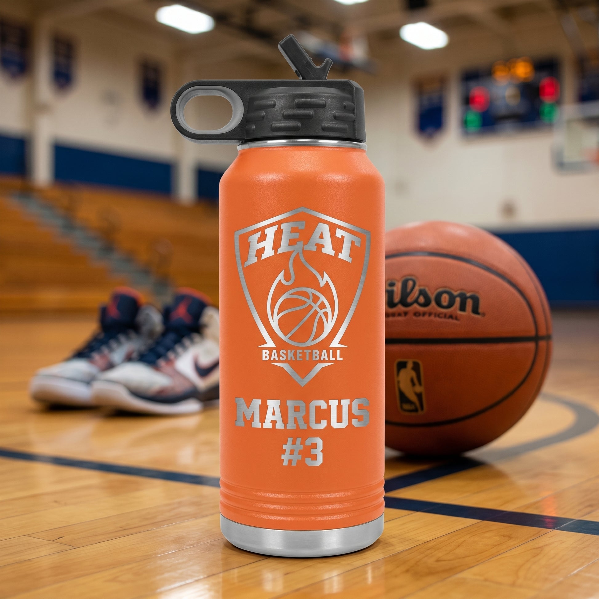 orange 32oz basketball team water bottle laser engraved heat basketball logo player name