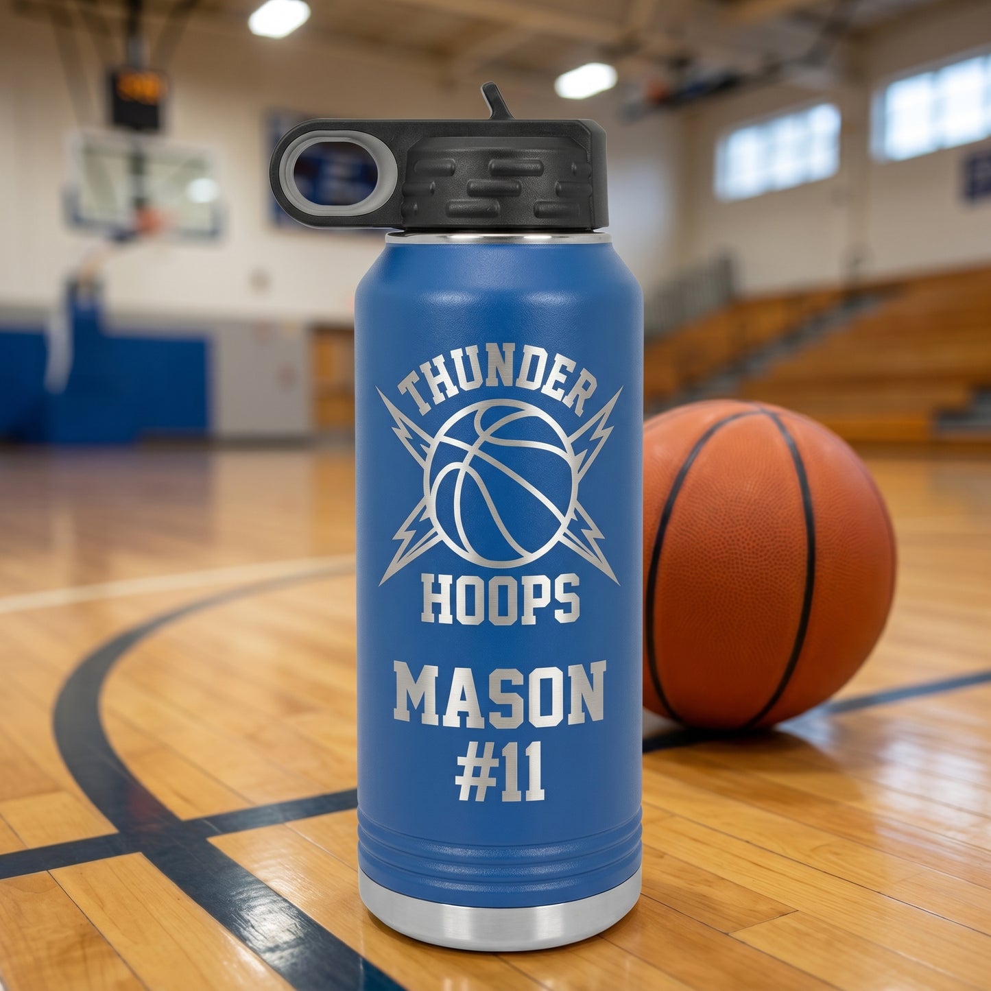 royal blue 32oz basketball water bottle thunder hoops crest player jersey number engraved
