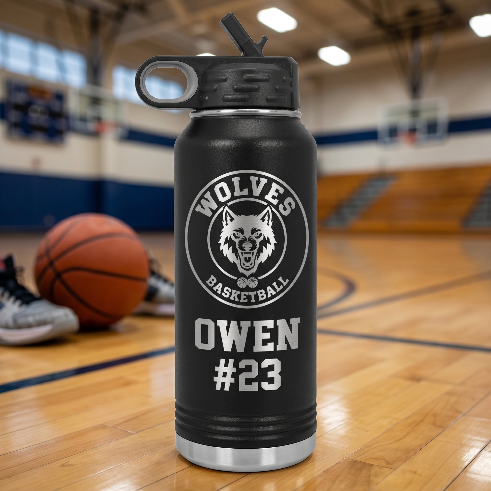 black 32oz basketball team water bottle wolves crest engraved owen jersey 23 stainless steel