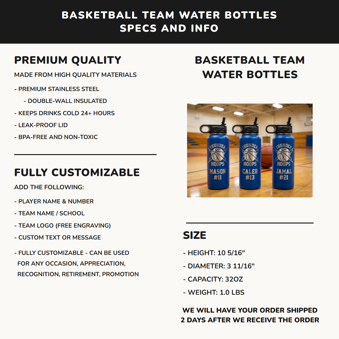32oz basketball team water bottle specifications premium stainless steel laser engraved