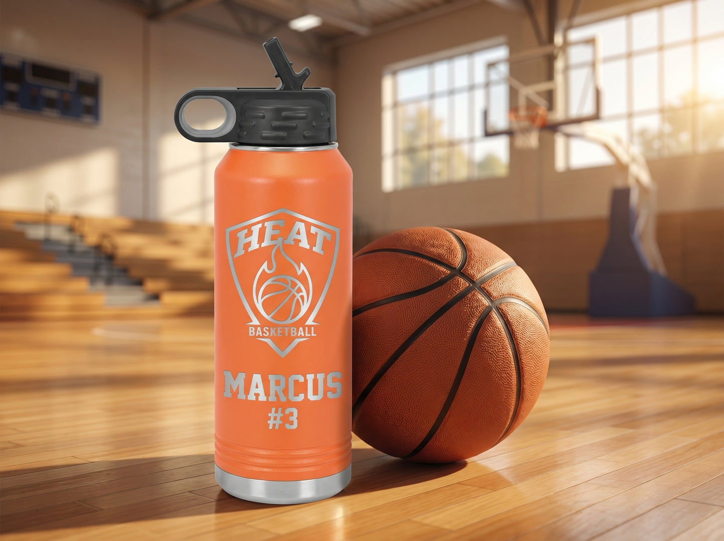 basketball team water bottle on hardwood gym court with basketball golden hour window light