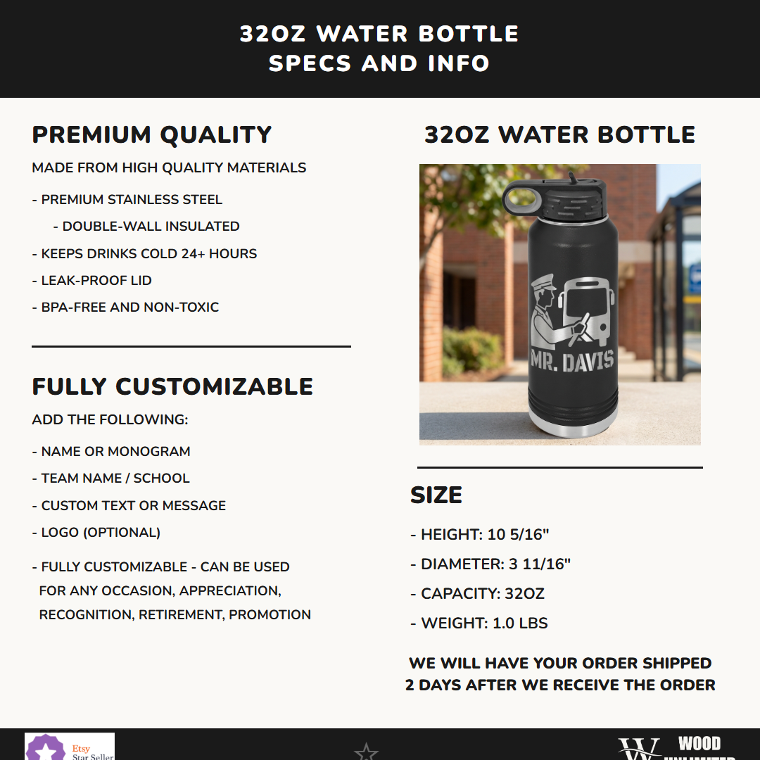 Personalized Bus Driver Gift Water Bottle, Thank You Gift, Appreciation Present, Custom Name Engraved 32oz Bottle, Durable Hydration