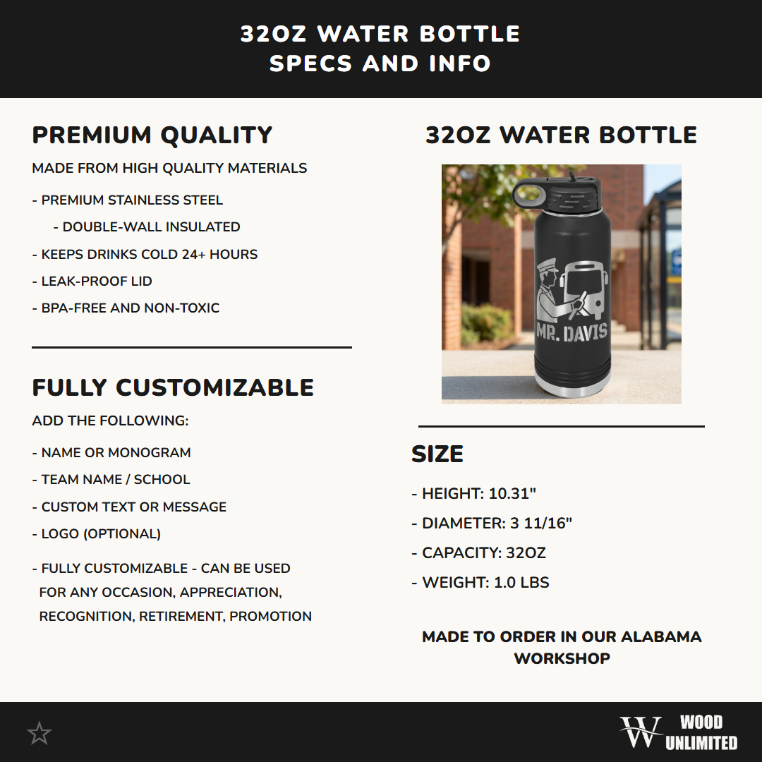 Personalized Bus Driver Gift Water Bottle, Thank You Gift, Appreciation Present, Custom Name Engraved 32oz Bottle, Durable Hydration