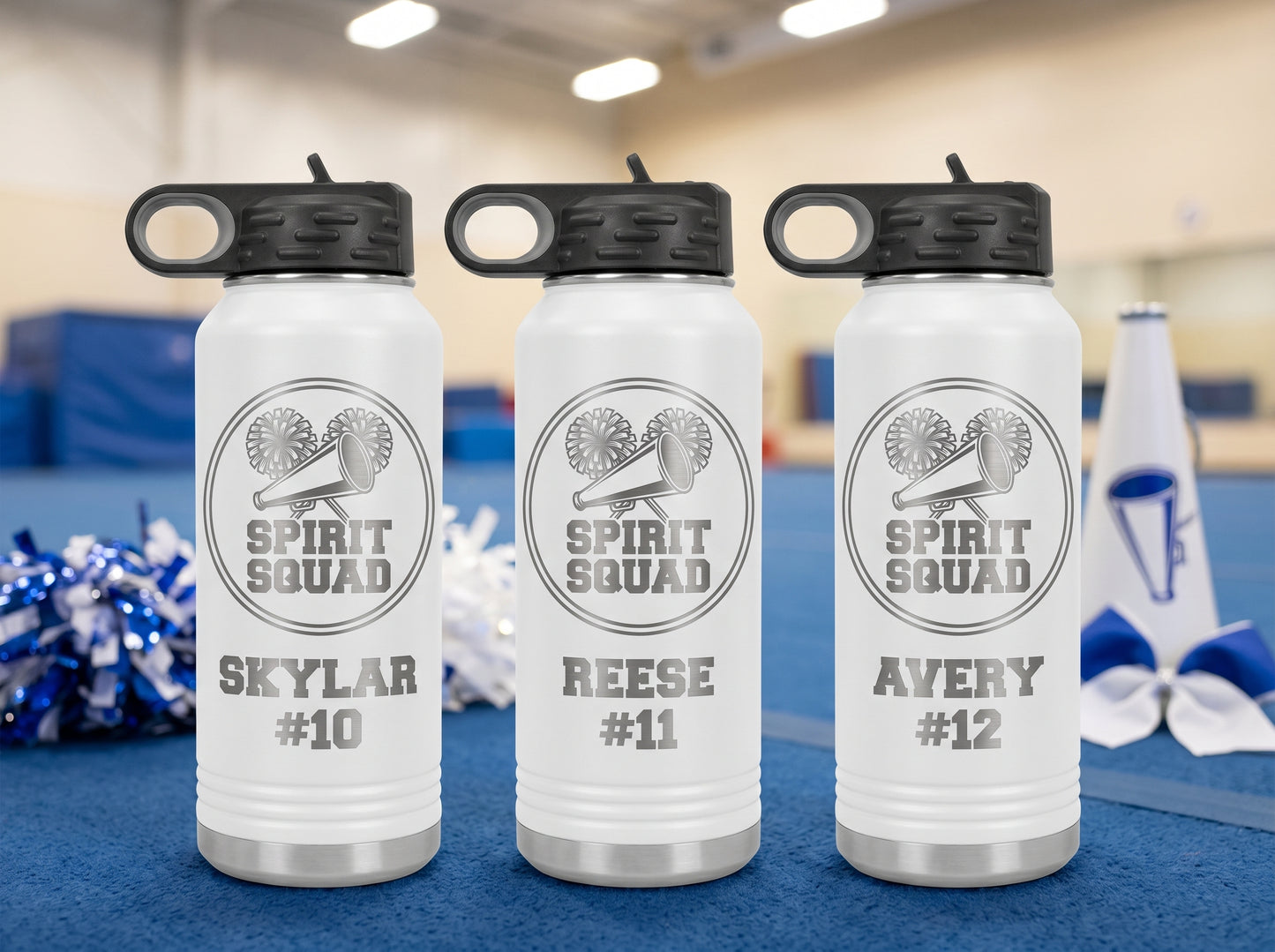 three white cheer team water bottles personalized for spirit squad cheer roster gift