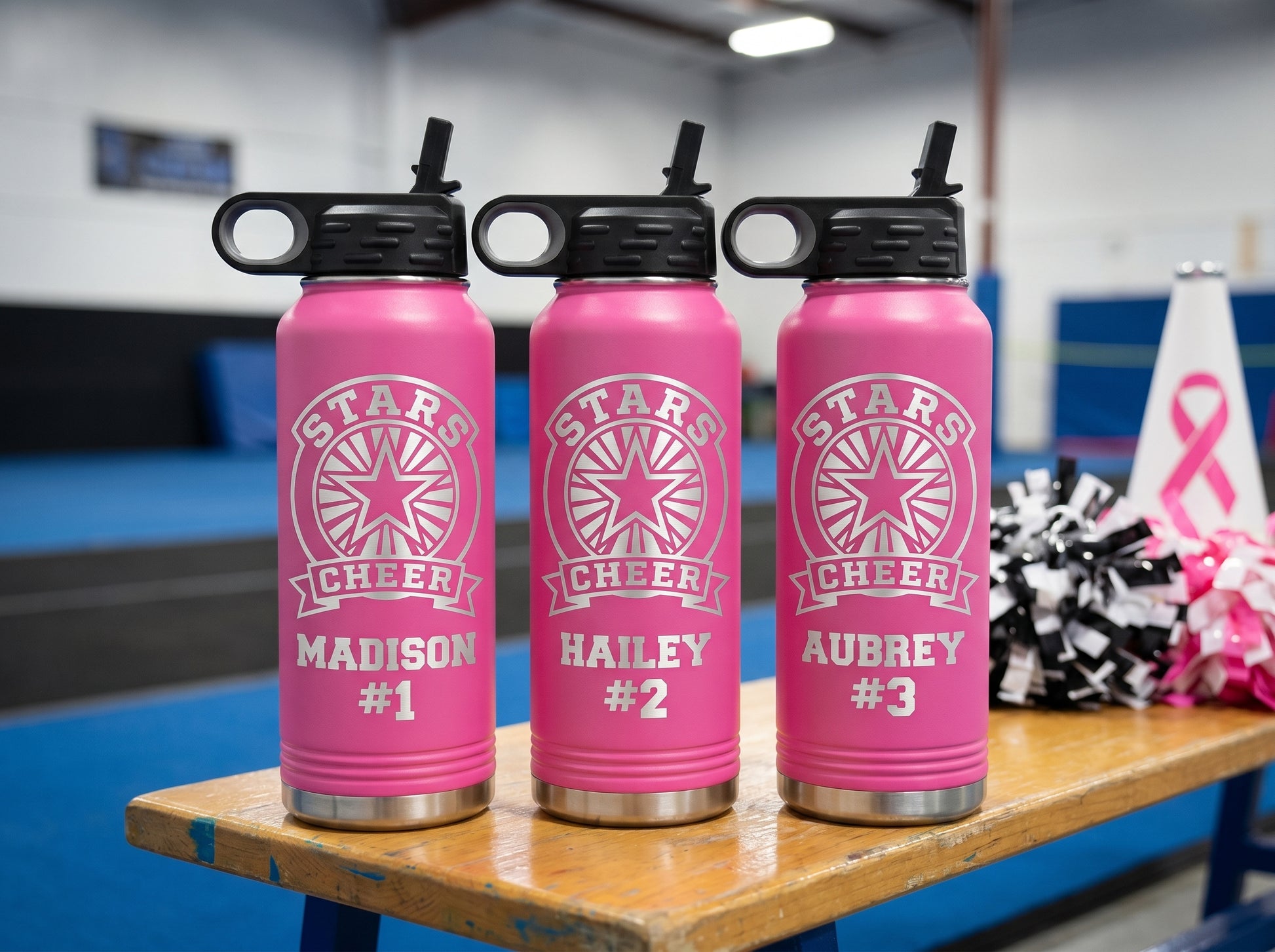 personalized cheer team water bottles hot pink 32oz with cheerleader names and roster numbers