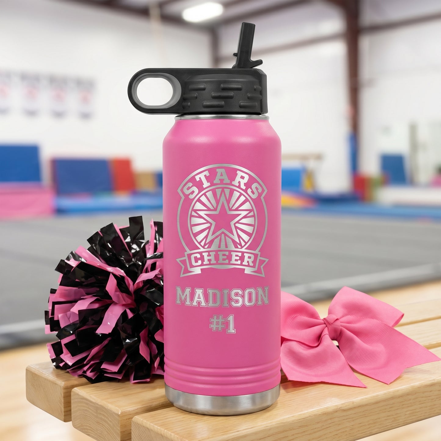 hot pink 32oz water bottle personalized cheerleader name engraved stainless steel
