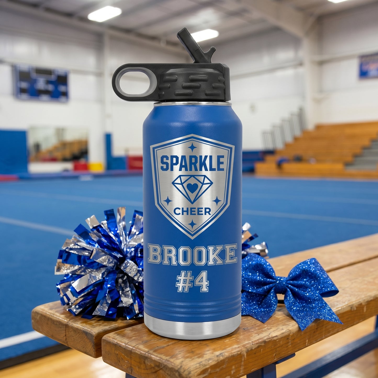 royal blue 32oz cheer team water bottle custom engraved with sparkle cheer logo
