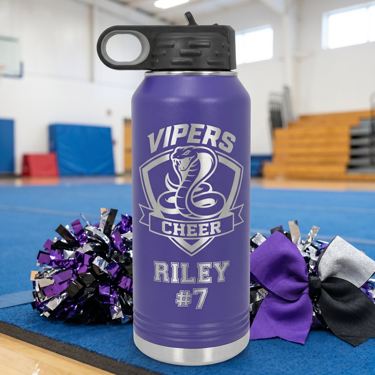 purple 32oz engraved cheer water bottle with vipers cheer team crest and name